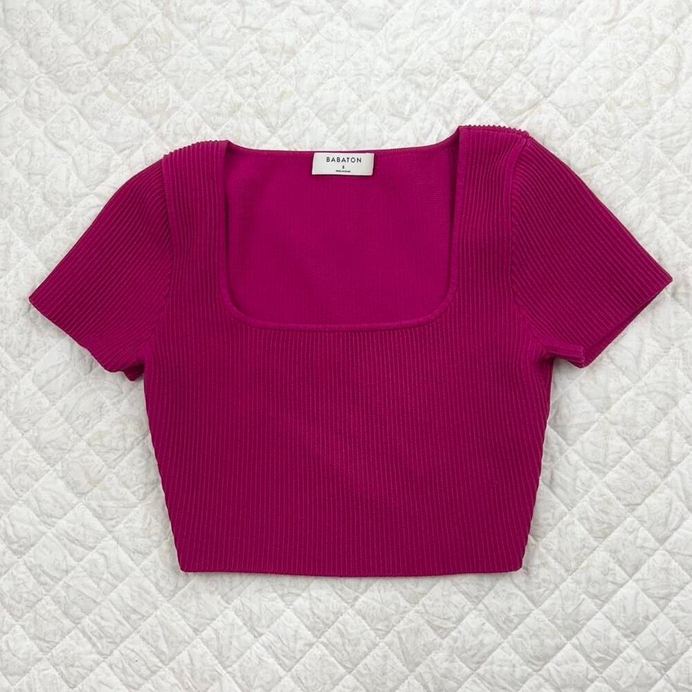 Aritzia Babaton Sculpt Magenta Ribbed Crop Top Short Sleeve Square Neckline